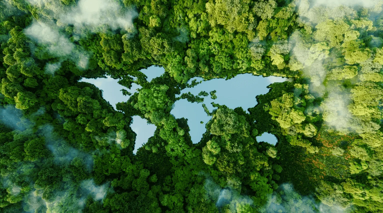 a green forest with lakes the shape of the world