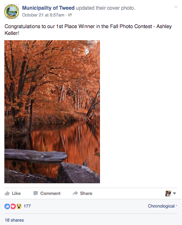 Municipality of Tweed Facebook post on photo contest winner for fall contest