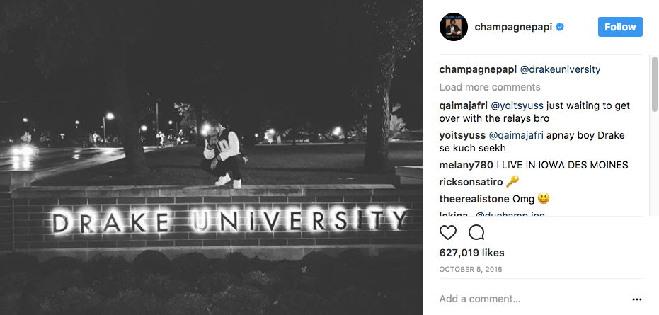 Drake the Rapper (champagnepapi) takes a photo at Drake University #BringDrakeToDrake